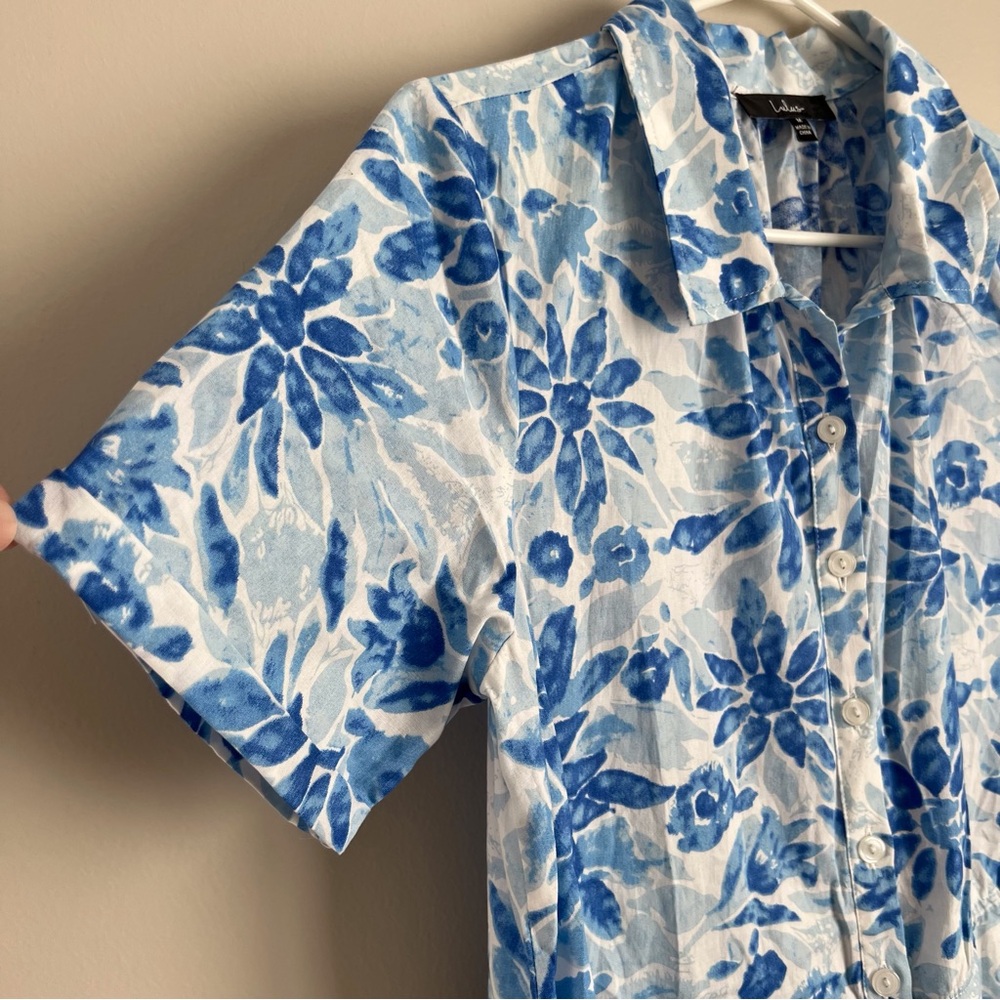 Lulu’s Sunny Charisma Shirt Dress Blue Floral Button Mini Tropical Preppy Medium - Picture 8 of 12